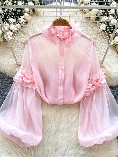 SINGREINY kiváló minőségű organza áttetsző blúz női lámpás ujjú tömör vintage bő felső koreai 3D virágos luxus alkalmi ing