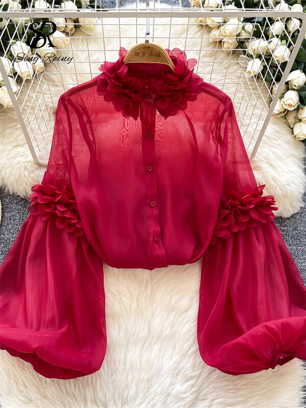 SINGREINY kiváló minőségű organza áttetsző blúz női lámpás ujjú tömör vintage bő felső koreai 3D virágos luxus alkalmi ing