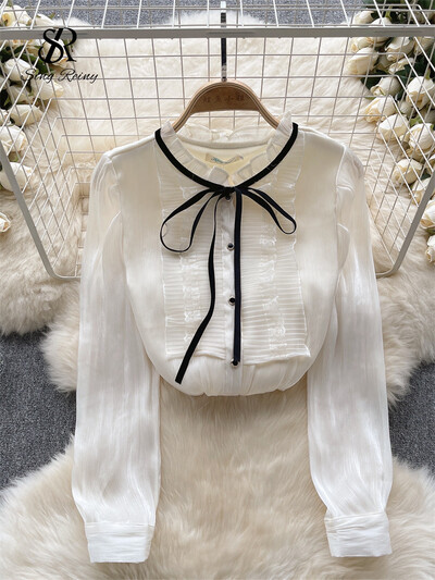 SINGREINY France Senior satīna blūze sieviešu volāniem, garām piedurknēm, brīvs tops iekšā Vintage Hotsweet High Street silts šiks krekls