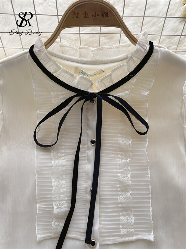 SINGREINY France Senior satīna blūze sieviešu volāniem, garām piedurknēm, brīvs tops iekšā Vintage Hotsweet High Street silts šiks krekls