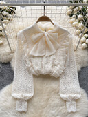 SINGREINY Bow Design mežģīņu blūze ar volāniem garām piedurknēm brīvi topi iekšā France Vintage Hotsweet High Street silts šiks sieviešu krekls