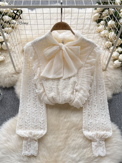 SINGREINY Bow Design mežģīņu blūze ar volāniem garām piedurknēm brīvi topi iekšā France Vintage Hotsweet High Street silts šiks sieviešu krekls