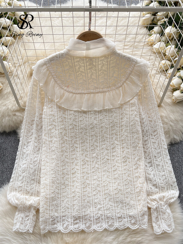 SINGREINY Bow Design mežģīņu blūze ar volāniem garām piedurknēm brīvi topi iekšā France Vintage Hotsweet High Street silts šiks sieviešu krekls