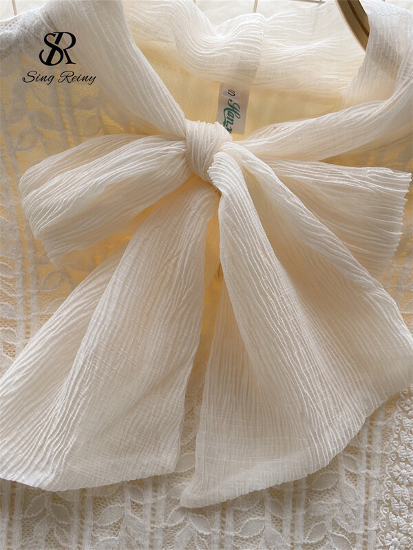 SINGREINY Bow Design mežģīņu blūze ar volāniem garām piedurknēm brīvi topi iekšā France Vintage Hotsweet High Street silts šiks sieviešu krekls