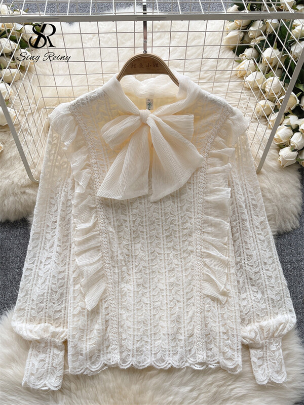 SINGREINY Bow Design mežģīņu blūze ar volāniem garām piedurknēm brīvi topi iekšā France Vintage Hotsweet High Street silts šiks sieviešu krekls