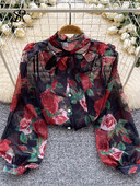 SINGREINY Senior őszi sifon blúz női átlátszó hajtóka nyak hosszú ujjú gyöngy gombos koreai áttetsző virágmintás ing