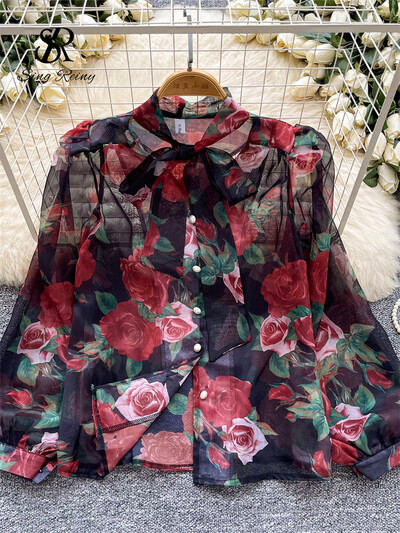 SINGREINY Senior őszi sifon blúz női átlátszó hajtóka nyak hosszú ujjú gyöngy gombos koreai áttetsző virágmintás ing