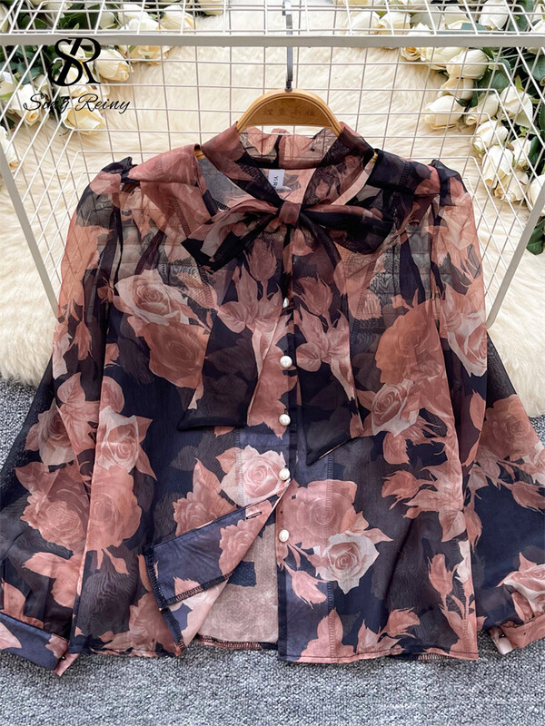 SINGREINY Senior őszi sifon blúz női átlátszó hajtóka nyak hosszú ujjú gyöngy gombos koreai áttetsző virágmintás ing