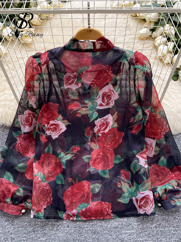 SINGREINY Senior őszi sifon blúz női átlátszó hajtóka nyak hosszú ujjú gyöngy gombos koreai áttetsző virágmintás ing