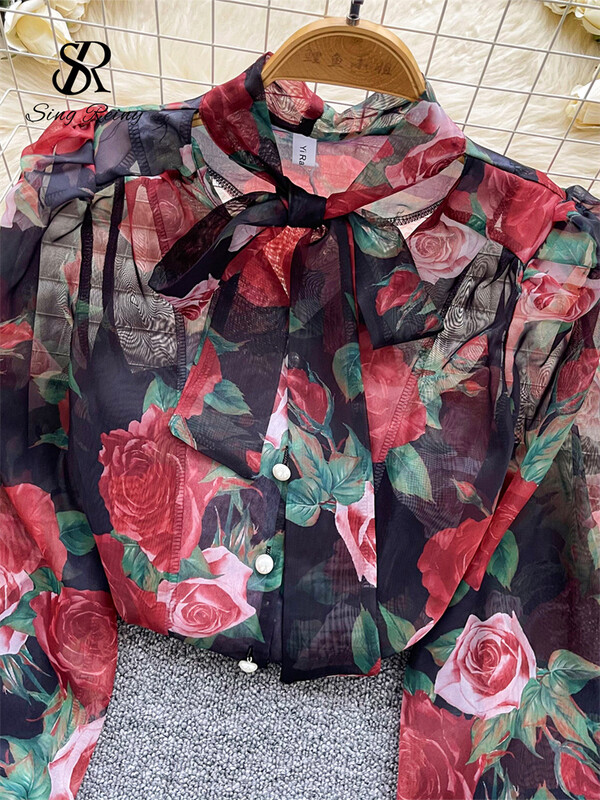 SINGREINY Senior őszi sifon blúz női átlátszó hajtóka nyak hosszú ujjú gyöngy gombos koreai áttetsző virágmintás ing