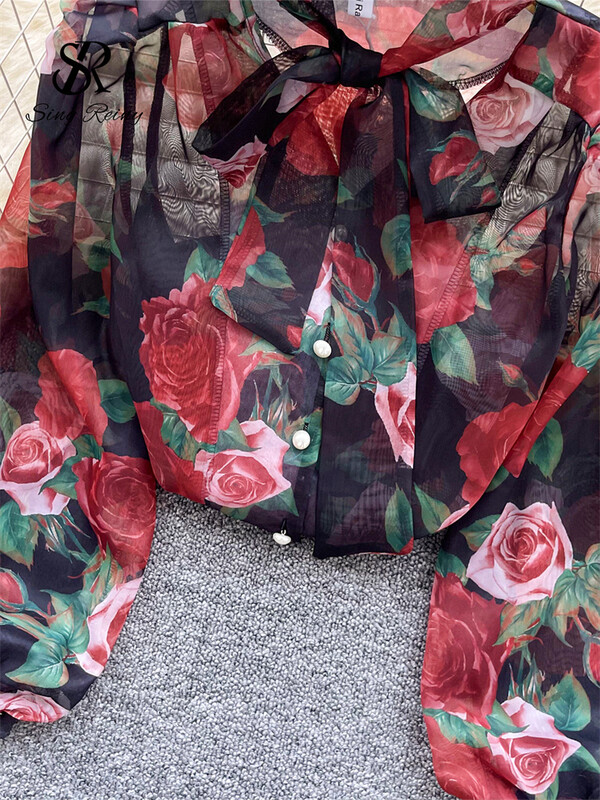 SINGREINY Senior őszi sifon blúz női átlátszó hajtóka nyak hosszú ujjú gyöngy gombos koreai áttetsző virágmintás ing