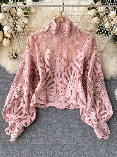 Tavaszi őszi új divat blúz női üreges lámpás ujjú temperamentum bluza állógallérral vékony, rövid csipke ing C342
