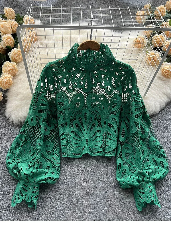 Tavaszi őszi új divat blúz női üreges lámpás ujjú temperamentum bluza állógallérral vékony, rövid csipke ing C342