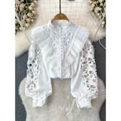 Vintage Court stílusú női blúz, hajlított szegéllyel kivágott csipke patchwork, hosszú lámpás ujjú ingek női blusa dropship