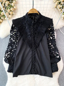 Vintage Court stílusú női blúz, hajlított szegéllyel kivágott csipke patchwork, hosszú lámpás ujjú ingek női blusa dropship