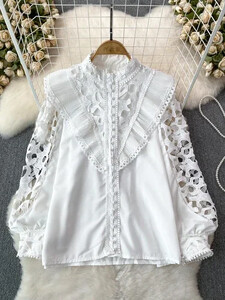 Vintage Court stílusú női blúz, hajlított szegéllyel kivágott csipke patchwork, hosszú lámpás ujjú ingek női blusa dropship