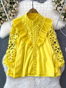 Vintage Court stílusú női blúz, hajlított szegéllyel kivágott csipke patchwork, hosszú lámpás ujjú ingek női blusa dropship