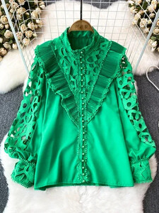 Vintage Court stílusú női blúz, hajlított szegéllyel kivágott csipke patchwork, hosszú lámpás ujjú ingek női blusa dropship