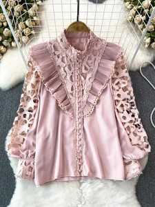 Vintage Court stílusú női blúz, hajlított szegéllyel kivágott csipke patchwork, hosszú lámpás ujjú ingek női blusa dropship