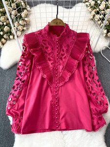 Vintage Court stílusú női blúz, hajlított szegéllyel kivágott csipke patchwork, hosszú lámpás ujjú ingek női blusa dropship