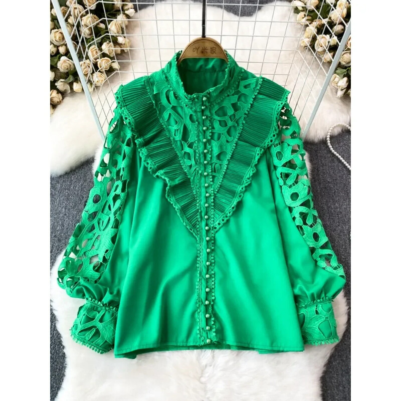 Vintage Court stílusú női blúz, hajlított szegéllyel kivágott csipke patchwork, hosszú lámpás ujjú ingek női blusa dropship