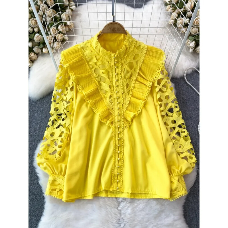 Vintage Court stílusú női blúz, hajlított szegéllyel kivágott csipke patchwork, hosszú lámpás ujjú ingek női blusa dropship