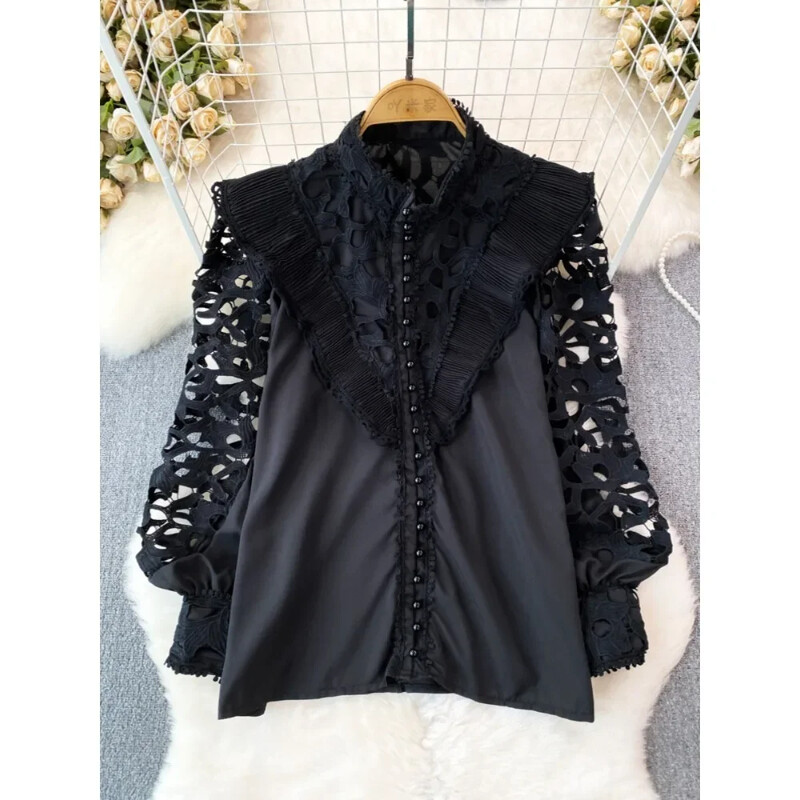 Vintage Court stílusú női blúz, hajlított szegéllyel kivágott csipke patchwork, hosszú lámpás ujjú ingek női blusa dropship