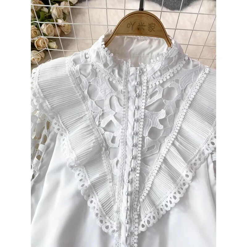 Vintage Court stílusú női blúz, hajlított szegéllyel kivágott csipke patchwork, hosszú lámpás ujjú ingek női blusa dropship