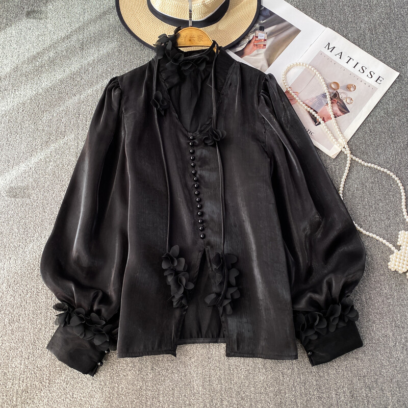 Vintage Lámpás, hosszú ujjú, nyakú blúz, karcsú, elegáns koreai divatos, bő felső szexi tavaszi nyári női ing