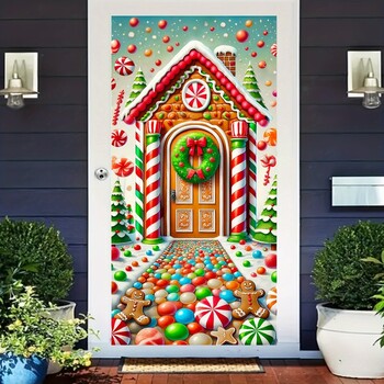 Χριστουγεννιάτικα σετ πορτών Gingerbread House and Candy Wreath - Εορταστικά διακοσμητικά από πολυεστέρα για είσοδο και δωμάτιο