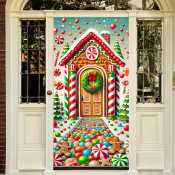 Χριστουγεννιάτικα σετ πορτών Gingerbread House and Candy Wreath - Εορταστικά διακοσμητικά από πολυεστέρα για είσοδο και δωμάτιο