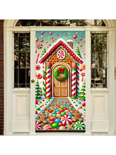 Mézeskalács ház és cukorka koszorú karácsonyi ajtókészletek - Poliészter ünnepi díszek a bejárathoz és a szobához