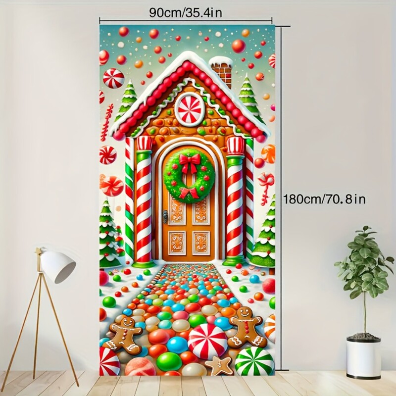 Mézeskalács ház és cukorka koszorú karácsonyi ajtókészletek - Poliészter ünnepi díszek a bejárathoz és a szobához