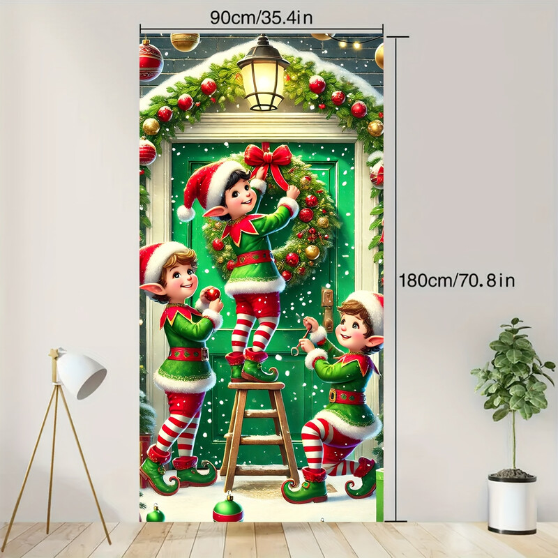 Karácsonyi manók koszorús ajtóborítása – 35,4x70,8 hüvelykes, sokoldalú ünnepi dekoráció bejárathoz és szobához