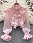 XFPV ar garām piedurknēm modes sieviešu kreklu augšdaļa, tievs, volānveida vienkrāsains, elegants blūze 2024. gada vasaras jauns apģērbs SM11295