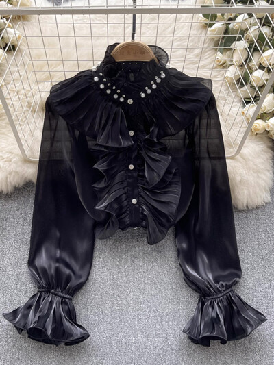 XFPV ar garām piedurknēm modes sieviešu kreklu augšdaļa, tievs, volānveida vienkrāsains, elegants blūze 2024. gada vasaras jauns apģērbs SM11295