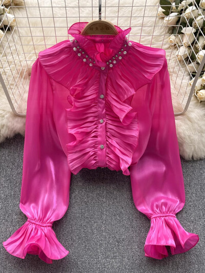 XFPV ar garām piedurknēm modes sieviešu kreklu augšdaļa, tievs, volānveida vienkrāsains, elegants blūze 2024. gada vasaras jauns apģērbs SM11295