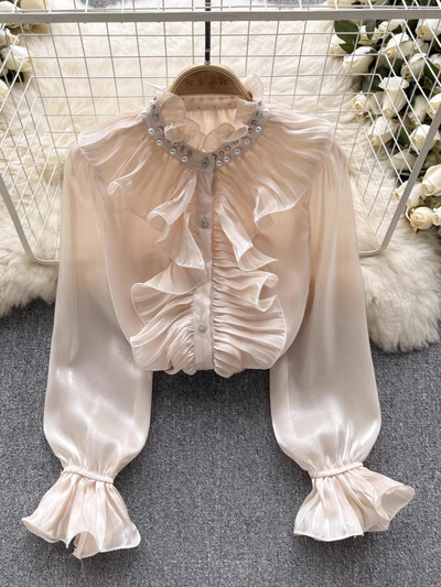 XFPV ar garām piedurknēm modes sieviešu kreklu augšdaļa, tievs, volānveida vienkrāsains, elegants blūze 2024. gada vasaras jauns apģērbs SM11295