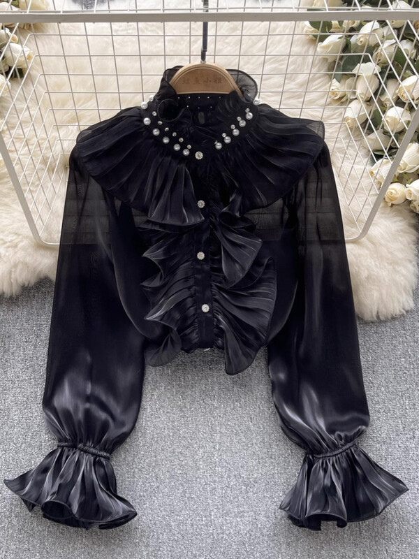 XFPV ar garām piedurknēm modes sieviešu kreklu augšdaļa, tievs, volānveida vienkrāsains, elegants blūze 2024. gada vasaras jauns apģērbs SM11295