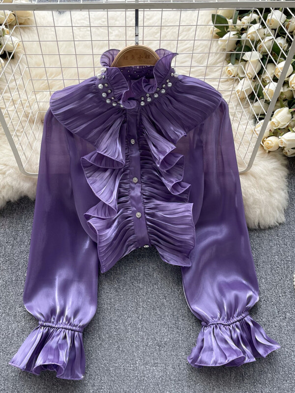 XFPV ar garām piedurknēm modes sieviešu kreklu augšdaļa, tievs, volānveida vienkrāsains, elegants blūze 2024. gada vasaras jauns apģērbs SM11295