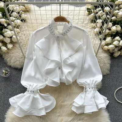 Vintage női blúzok mindenható félmagas gallérral hajlított szélű francia udvar Retro női ingek felsők női bluzok dropshipping