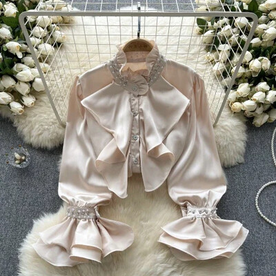 Vintage női blúzok mindenható félmagas gallérral hajlított szélű francia udvar Retro női ingek felsők női bluzok dropshipping