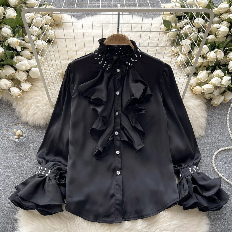 Vintage női blúzok mindenható félmagas gallérral hajlított szélű francia udvar Retro női ingek felsők női bluzok dropshipping