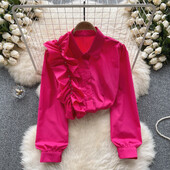 Elegáns, édes lámpás hosszú ujjú hajtóka fodros bő blúz Elegáns francia divat szexi ing tavaszi ősz női felső