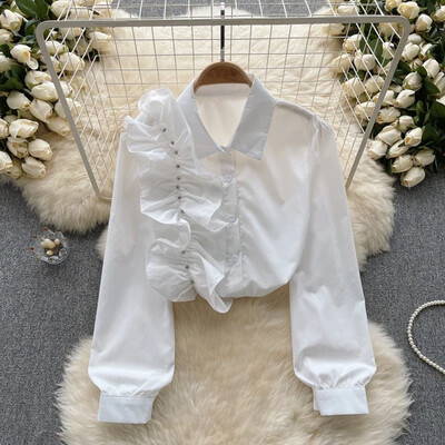 Elegáns, édes lámpás hosszú ujjú hajtóka fodros bő blúz Elegáns francia divat szexi ing tavaszi ősz női felső