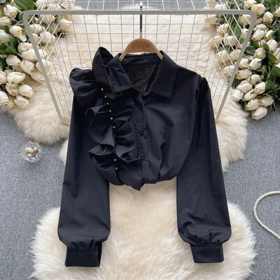 Elegáns, édes lámpás hosszú ujjú hajtóka fodros bő blúz Elegáns francia divat szexi ing tavaszi ősz női felső