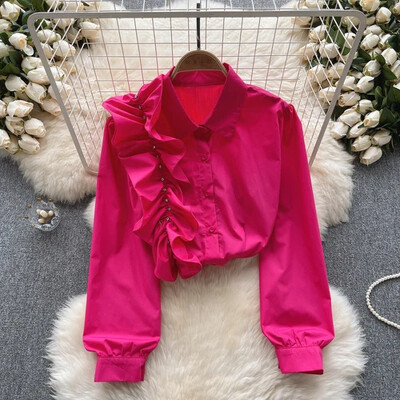 Elegáns, édes lámpás hosszú ujjú hajtóka fodros bő blúz Elegáns francia divat szexi ing tavaszi ősz női felső