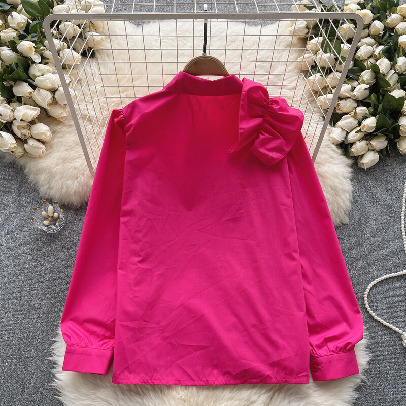 Elegáns, édes lámpás hosszú ujjú hajtóka fodros bő blúz Elegáns francia divat szexi ing tavaszi ősz női felső