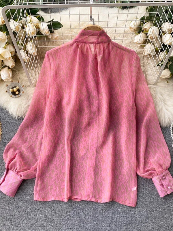 Női tavaszi új blúz Sweet Pure V-nyakú masni felfújható ujjú divatnyomtatás, laza sokoldalú sifon ing D0139