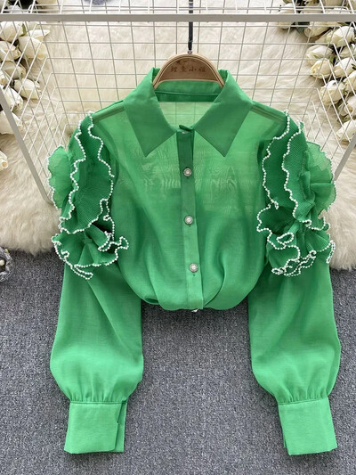 Női tavaszi őszi ing Koreai hálós ing háromdimenziós virágos hosszú ujjú dizájnnal Egyedi és stílusos felső D4407